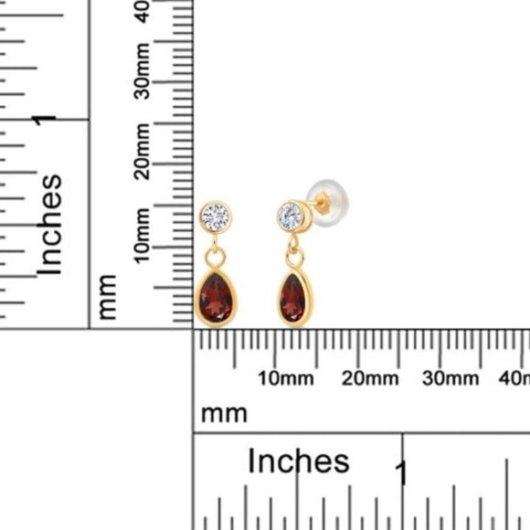 14K Yellow Gold with 0.98 Cttw Garnet and White Diamond Post Back Drop Earrings - Picture 4 of 4